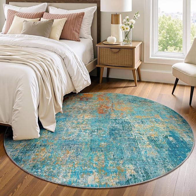 Washable Area Rugs 6ft Non-Slip Modern Abstract Soft for Living Room Entryway Bedroom Nursery, Print Pattern, Teal Blue Green Orange Rust Red Colorful