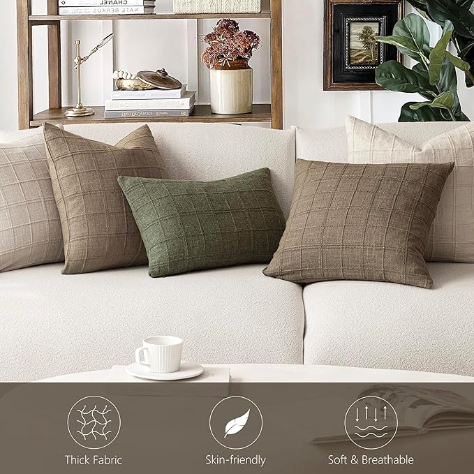 Foindtower Set of 2 Decorative Linen Check Throw Pillow Covers Neutral Farmhouse Vintage Cushion Covers Modern Boho Home Decor for Sofa Chair Couch Bedroom Living Room Outdoor,16×16 Inch,Light Brown