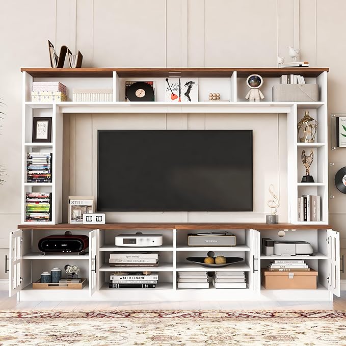 95.5" Entertainment Wall Unit Set with Bookshelves, Modern TV Stand for Televisions Up to 80", Large Media Console with Cabinets and Tempered Glass Doors for Living Room