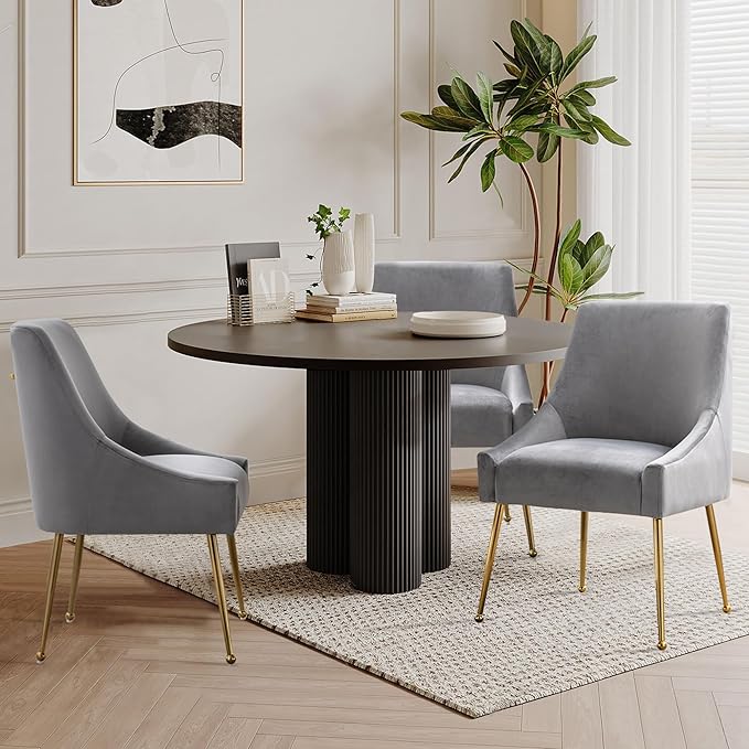 Modern Velvet Dining Chairs Set of 6, Contemporary Upholstered Furniture Collection with Polished Gold Metal Legs, Elegant Accent Chairs for Kitchen Living Room(Grey)