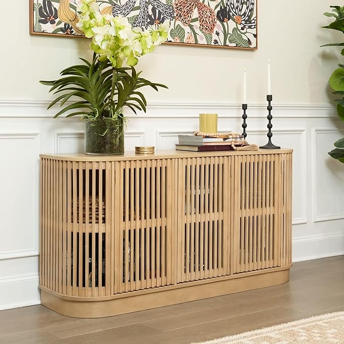 Plank+Beam Contour Wood TV Stand, Three Door Solid Wood Entertainment Console with Storage, 59" L x 16" W x 30" H, Blonde