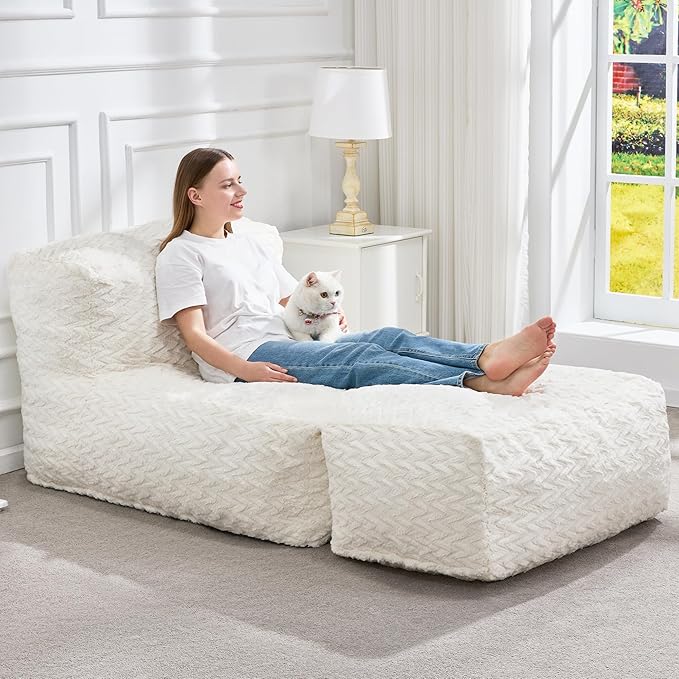 Hobestluk Bean Bag Chair Big Bean Bag Lounger for Adults Bean Bag Couch with Memory Foam Filled for Living Room, Bedroom or Balcony (Chevron Plush White)