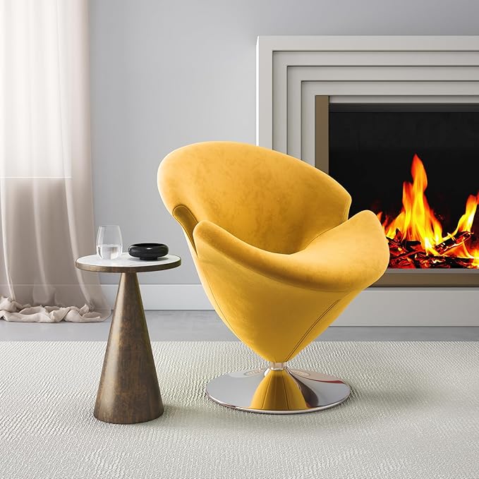 Manhattan Comfort Tulip Swivel Accent Chair with 360° Turn, Modern Flower Inspired Design, Soft Velvet Upholstery, Polished Chrome Base, No Assembly Required, 300 Lbs Capacity, Yellow