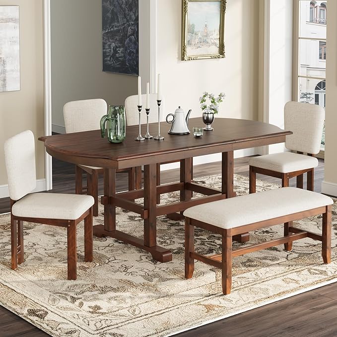 Ball & Cast 6 Pieces 78inch Extendable Wood Dining Table Set with Bench,Traditional Kitchen Table Set w/ 18inch Removable Leaf and 4 Upholstered Dining Chairs,for 5 People Dining Room,Espresso+Beige