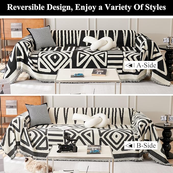 STACYPIK Modern Boho Sofa Cover for Dogs Chenille Couch Cover with Tassels Reversible Anti Slip Sofa Slipcover for 3 Cushion Couch Soft Black Beige L Shaped Cover Multi-Use Throw Blankets-71X134IN