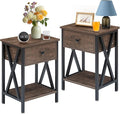VECELO Nightstands Set of 2, Modern Bedside End Tables, Night Stands with Drawer and Storage Shelf for Living Room Bedroom, Industrial Metal Frame