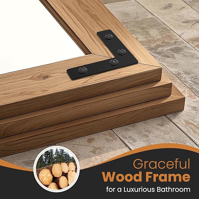 Bathroom Mirror for Wall with Wooden Frame, 36"x24" Solid Wood Vanity Mirror for Farmhouse, Bathroom, Bedroom Decor, Vertical or Horizontal Hanging