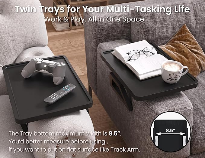 2 Pack Couch Arm Tray,Bamboo Folding Sofa Tray,Sofa Armrest Trays Clip-On Couch Desk for Drinks,Snacks,Phone,Remote Control（Black）