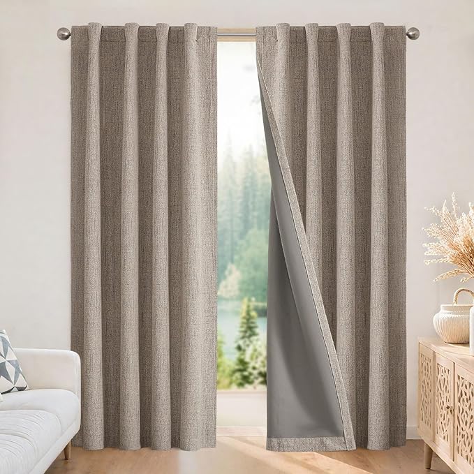 Joydeco 100% Blackout Curtains for Bedroom - Natural Linen Curtains 90 Inch Long, Thermal Insulated 2 Panels Linen Light Blocking Drapes, Rod Pocket & Back Tabs, Darkening Privacy for Living Room