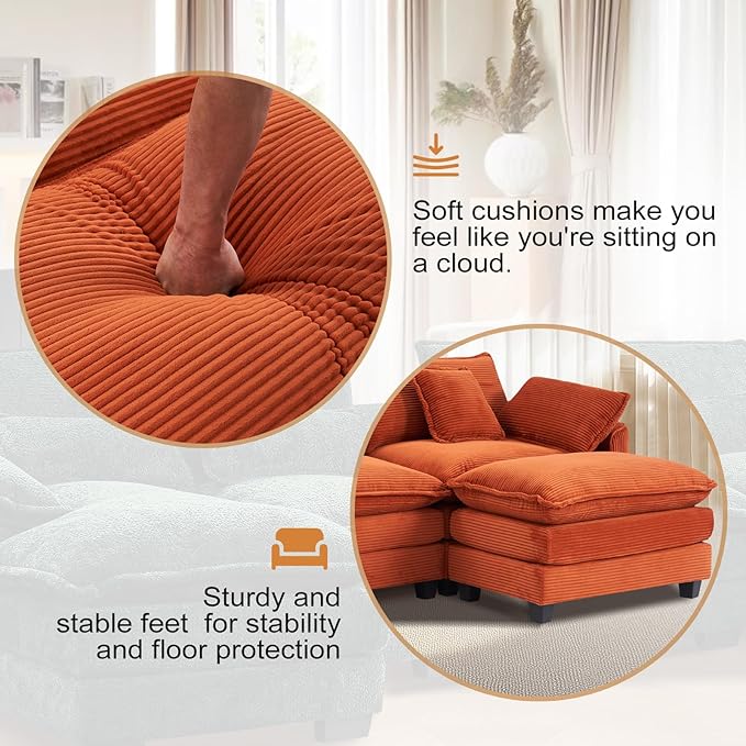 Furniliving 117‘’ L-Shaped Sofa, Luxury Corduroy Modular Sectional Couches with Ottoman, Upholstered Deep Seat Sleeper Sofa with Memory Foam and Waist Pillows, Orange