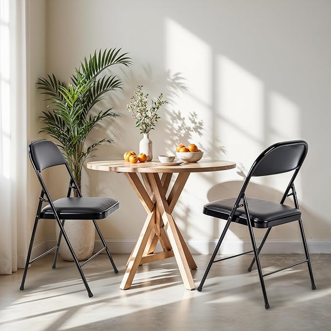 HealSmart 2 Pack Folding Chairs with Leather Padded Cushion Seats, Back & Sturdy Metal Frame, Stackable, Portable, Commercial Event Seat, Indoor Outdoor for Parties, Home Event, Office, Black