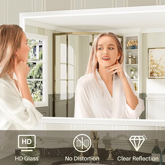 40x38 Inch White Bathroom Mirror for Wall, Thick Metal Framed Rectangle Mirrors for Over Sink, Bedroom, Living Room, Entryway, Anti-Rust, HD Tempered Glass