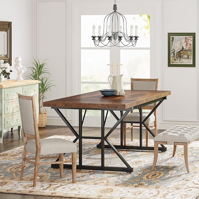 Tribesigns Farmhouse Dining Table for 6 People, 70.8-Inch Rectangular Wood Dining Table, Rustic Kitchen Table with Heavy Duty Metal Legs for Dining Room