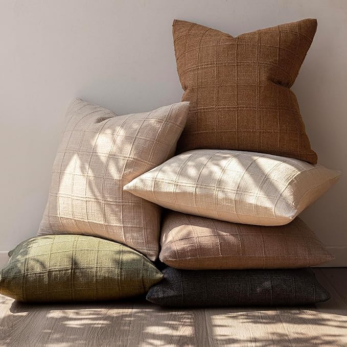 Foindtower Set of 2 Decorative Linen Check Throw Pillow Covers Neutral Long Body Lumbar Cushion Covers Farmhouse Vintage Boho Home Decor For Sofa Chair Couch Bedroom Living Room,14×36 Inch,Brown Hazel