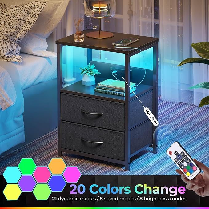 Seventable Nightstand with Charging Station, Bedside Table with LED Lights, Night Stand with 2 Fabric Drawers, 3-Tier Storage End Table for Bedroom, Black