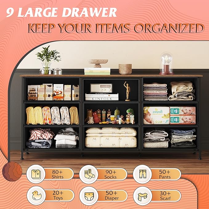 WLIVE 54''W Dresser for Bedroom, Dresser TV Stand for 55, 60, 65 inch TV, Wide Chest of Drawers with 9 Drawer, Large Entertainment Center, Fabric Dressers with Wood Top for Living Room, Rustic Brown