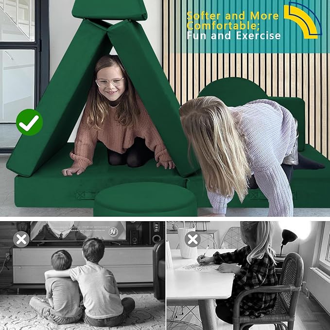 MeMoreCool 8-Piece Modular Kids Play Couch – Green Convertible Foam Toddler Sofa for Playroom, Fold-Out Baby Couch Play Set