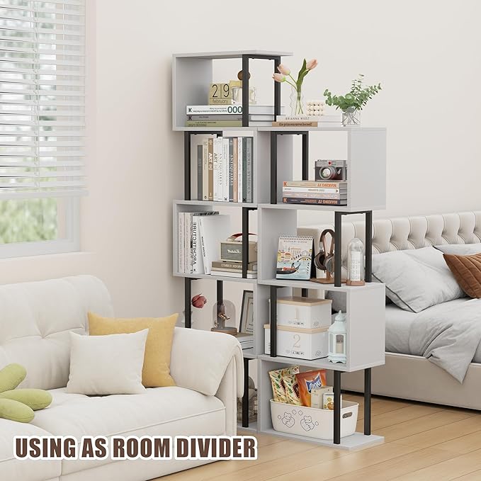 Gadroad 5-Tier Bookshelf, Narrow S-Shaped Geometric Bookcase, Wood Decorative Storage Shelving, Modern Freestanding Display Shelves, Book Shelf Unit for Living Room Bedroom Home Office, White
