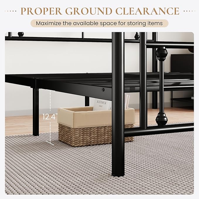 SHA CERLIN 14 Inches King Size Metal Platform Bed Frame/Vintage Iron-Art Headboard and Footboard/Mattress Foundation for Storage/No Box Spring Needed/Noise-Free/Easy Assembly/Black