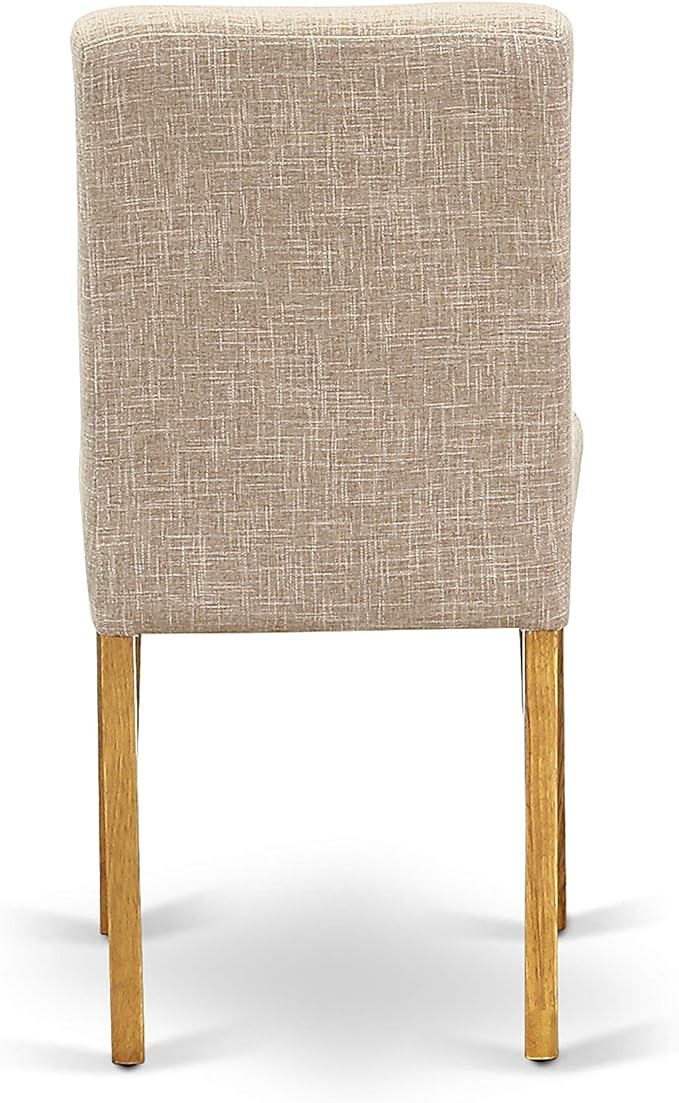East West Furniture DLAB3-OAK-04 3 Piece Dining Room Furniture Set Contains a Round Dining Table with Dropleaf and 2 Light Tan Linen Fabric Parsons Chairs, 42x42 Inch, Oak