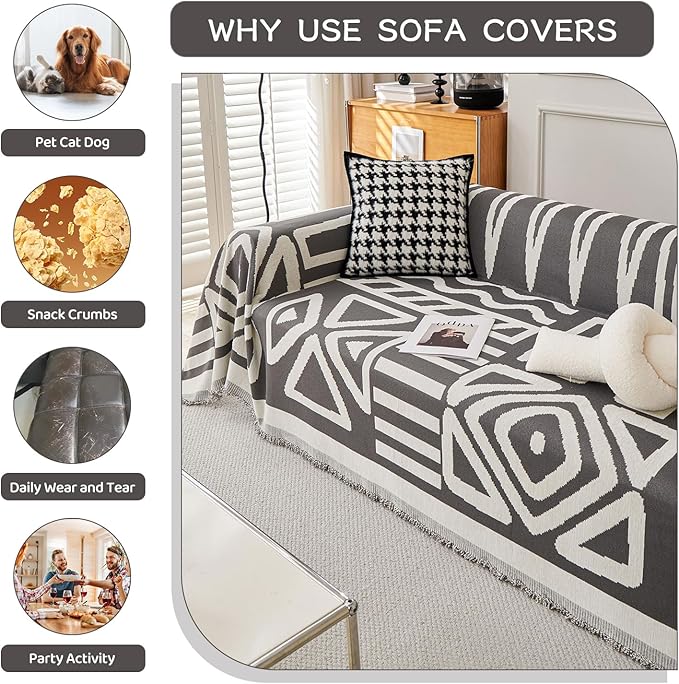 STACYPIK Simple Dark Grey Boho Sofa Cover for Sectional Soft Tassel Chenille Couch Cover for 3 Cushion Couch Reversible Loveseat Cover for Dogs Cats Non-Silp Furniture Cover Multi-Use Blanket-91x118IN