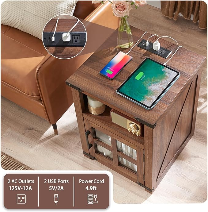 Farmhouse Nightstand with Charging Station, Rustic End Table with Tempered Glass Barn Door, Wood Sofa Side Bedside Table with Open Storage Shelf for Living Room, Bedroom, Brown
