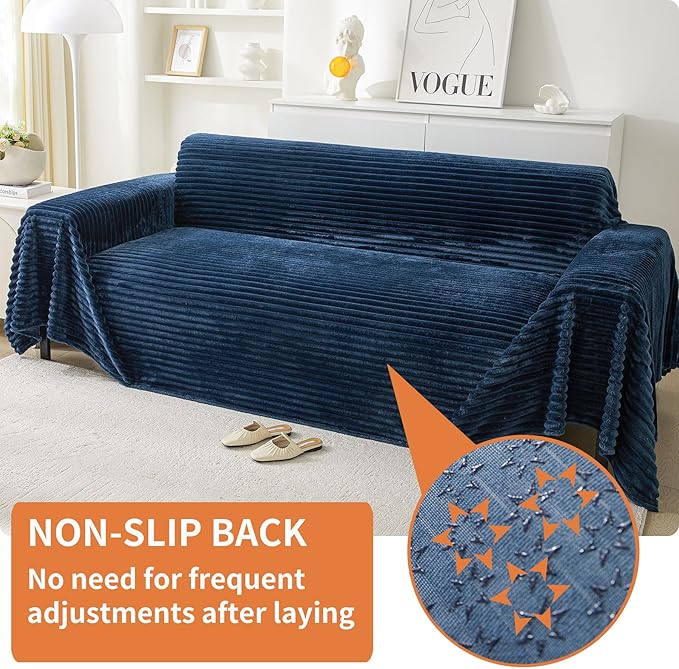 HAOMAIJIA Faux Fur Sofa Covers Couch Covers for 2 Cushion Couch Sofa Pet Friendly Soft Non Slip Couch Cover for Dogs Washable Sectional Couch Covers L Shape Furniture Protector (Navy Blue, 71"x118")