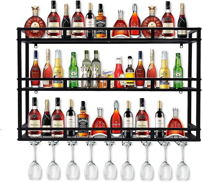 39 Inch Metal Wine Rack Wall Mounted, Bar Shelves for Liquor Bottles with LED Light, 3 Tier Large Capacity Liquor Rack Wall Mounted with Glass Holder for Home Bar & Dining Room, Black