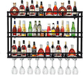 39 Inch Metal Wine Rack Wall Mounted, Bar Shelves for Liquor Bottles with LED Light, 3 Tier Large Capacity Liquor Rack Wall Mounted with Glass Holder for Home Bar & Dining Room, Black