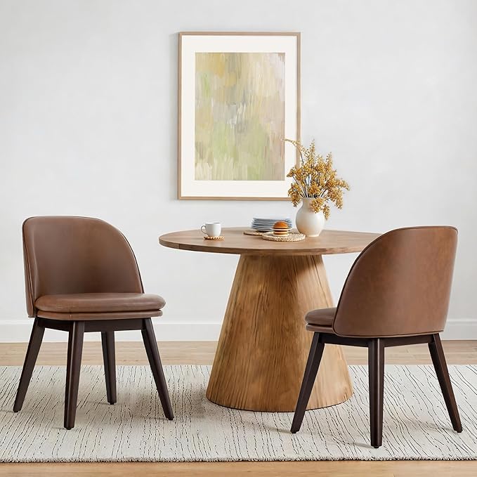 Wooden Dining Chairs Set of 2, Faux Leather Upholstered Modern Dining Room Chairs with Double-Layer Thick Seat Cushion & Ergonomic Backrest for Restaurant, Kitchen and Café, Brown