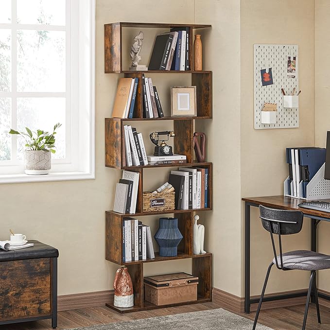 VASAGLE 6-Tier Bookshelf, Tall Display Shelf, Freestanding Storage Shelf, Rustic Brown ULBC61BX Coat Rack, Hall Tree with Shoe Bench for Entryway, Rustic Brown and Black UHSR40B