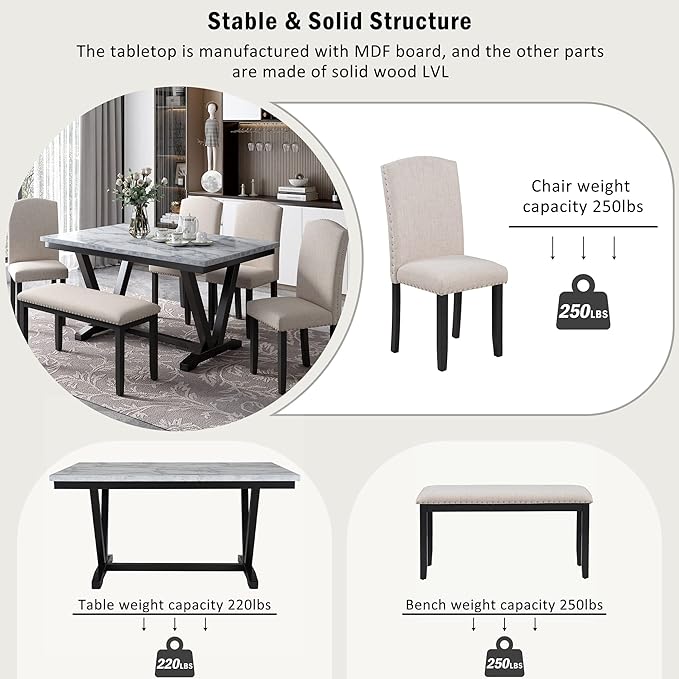 6 Pieces Dining Table Set with 60" Rectangle Marbled Veneers Tabletop Kitchen Desk,Living Room Furniture W/ 4 Chairs & 1 Bench,for Restaurant,Home Bistro,White