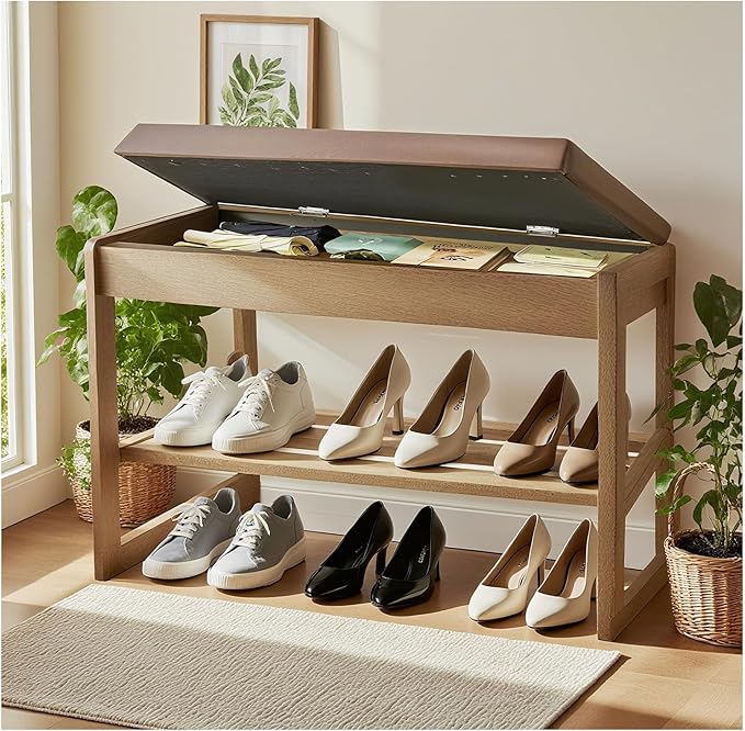 2-Tier Wood Shoe Bench with Flip-Top Storage Cabinet, 23.6", Entryway Bench with Shoe Storage, Front Door Shoe Rack（Walnut）