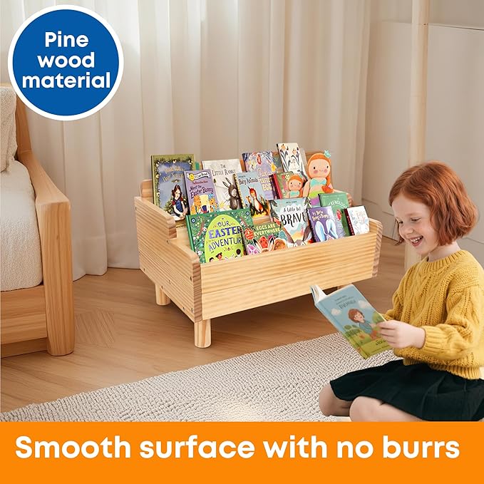 Kids Bookshelf,Montessori Bookshelf Small for Toddler,Baby Book Shelf Caddy with Divider,Toddler Book Storage Holder Container Wooden for Playroom,Kids Room,Nursery,Classroom,Pine (Natural Wood)