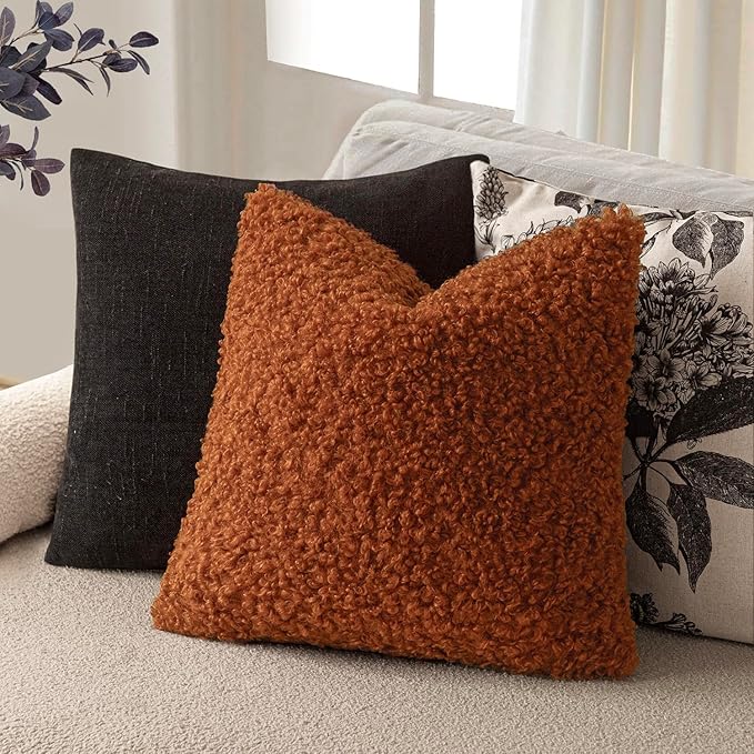 Foindtower 2 Pieces 26x26 Inch Burnt Orange, Faux Fur Throw Pillow Cover Accent Sherpa Furry Pillow Cover Fuzzy Soft Pillowcases Cozy Sheepskin Decorative Fleece Cushion Case for Bed Couch Living Room