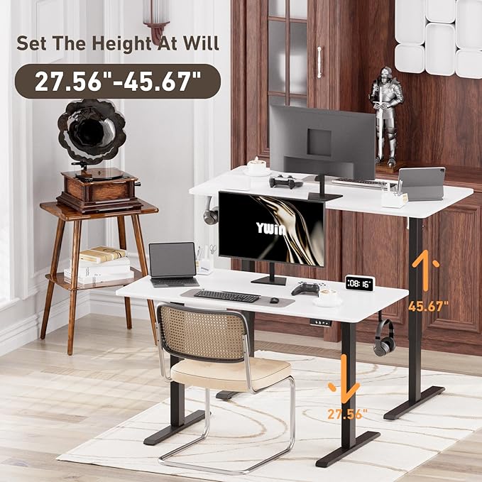 Ywin Electric Height Adjustable Standing Desk with Wheels, 55 x 24 inches, Ergonomic Stand Up Desk for Home Office