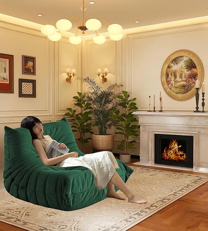 Bean Bag Chair - Memory Foam Bean Bag Chair for Adults, Comfy High-Resilience Single Sofa, Small Space Floor Chair, Chaise Lounge for Living Room, Bedroom (Dark Green, Wrinkles)