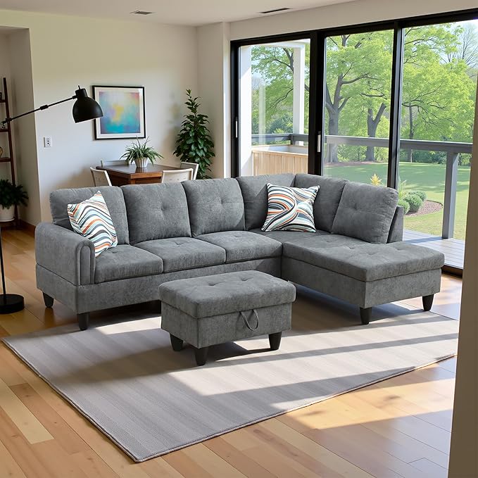 97" Oversized Sectional Couch, L Shaped Couch with Storage Ottoman, Modern Modular Sofa with Deep Seat, Sectional Couches for Living Room and Office, Dark Grey (Fluffy Fabric)