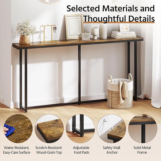 Yaheetech Narrow Console Table with Sturdy Metal Frame, 63 Inch Extra Long Entryway Sofa Table for Behind Couch, Hallway, Living Room, Rustic Brown