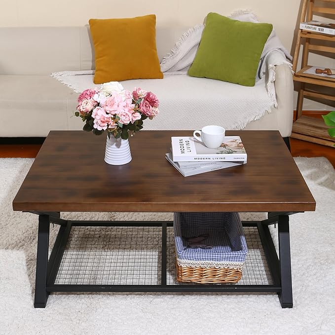 EASYSOUL Coffee Table with Storage Shelf, Solid Wood Top with Black Metal X-Frame, 39.37" D x 23.62" W x 18.11" H, Mid Century Modern Center Coffee Tables for Living Room with 2 Tier (Brow, 39.37")