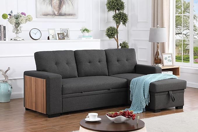 Devion Furniture Philly 4-in-1 Convertible L Shaped Couch with Pull Out Bed and Storage, Sectional Sleeper Sofa with Reversible Chaise for Living Room, Apartment, Bedroom, Office