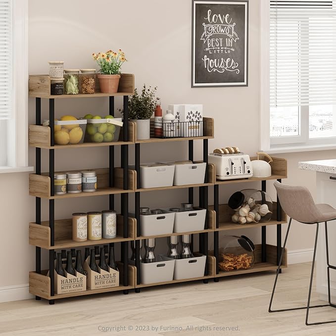 Furinno Turn-N-Tube 4-Tier Multipurposes Display Rack, Open Shelf Rack/Storage with Back & Side Panel, Flagstaff Oak/Black