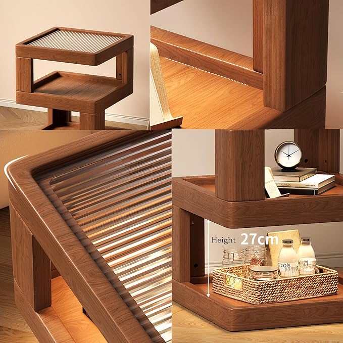 Solid Wood Nightstand,End Tables Bedroom Small Shelf Modern Nightstand Wood Side Table (GLASS-21.3 * 17.7 * 17.7)