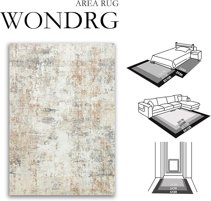 10x14 Washable Area Rug Gold Grey Neutral Abstract Living Room Bedroom Large Throw Rug Non Slip Soft Low Pile Indoor Floor Carpet for Dining Room Kitchen Office Entryway