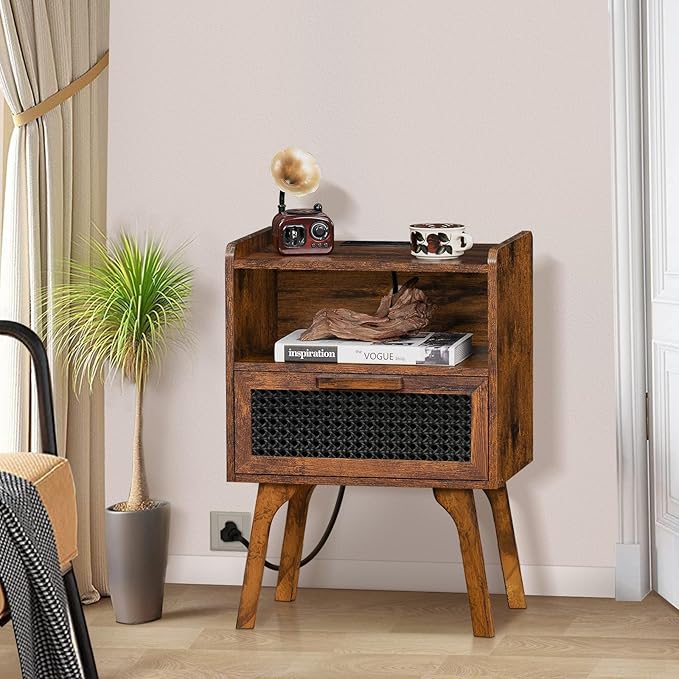 Lerliuo Rattan Nightstand with Charging Station, Side Table with Drawer Open Shelf, Cane Accent Bedside End Table with Solid Wood Legs, Night Stand for Bedroom, Dorm and Small Spaces (Brown)