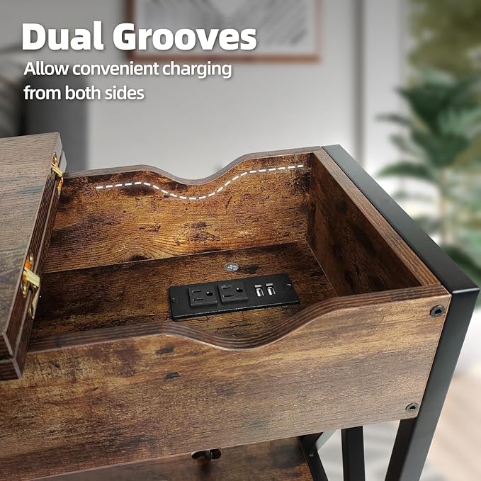 TooCust End Tables Living Room Set of 2, Side Table with Charging Station Flip Top, 11"D x 24"W x 23"H, Narrow Side Table with 5.3" Deep Drawer, Couch End Tables Set of 2, Steel X-Frame, Rustic Brown