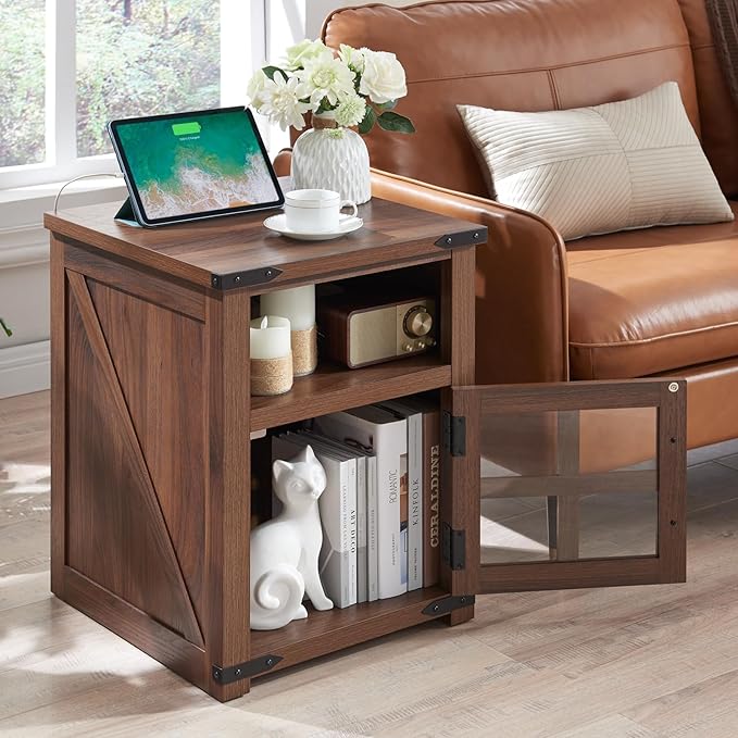 Farmhouse Nightstand with Charging Station, Rustic End Table with Tempered Glass Barn Door, Wood Sofa Side Bedside Table with Open Storage Shelf for Living Room, Bedroom, Brown, 2 Pack