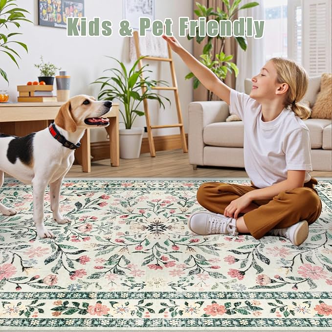 Area Rugs 9x12 Living Room: Floral Washable Rug Vintage Large Soft Boho Non-Slip Carpet Indoor Stain Resistant Low Pile Carpets for Bedroom Dining Room Farmhouse Nursery Home Office Green Beige