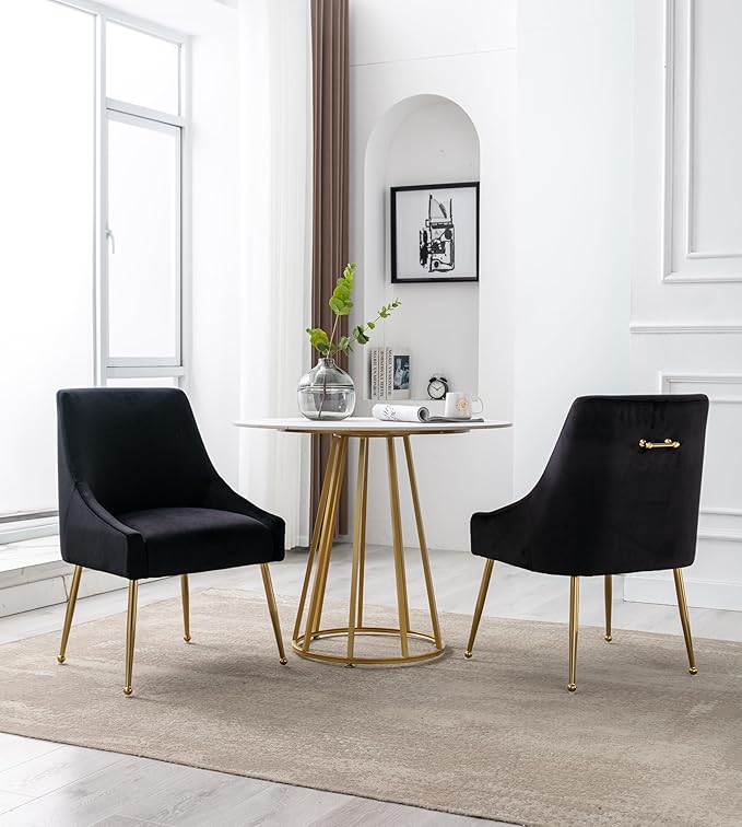 Modern Velvet Dining Chairs Set of 6, Contemporary Upholstered Furniture Collection with Polished Gold Metal Legs, Elegant Accent Chairs for Kitchen Living Room(Black)