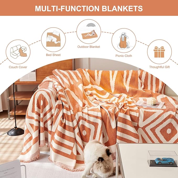 STACYPIK Soft Thick Boho Orange Loveseat Sofa Covers Modern Geometric Couch Cover for 1 Cushion Couch Reversible Pet-Friendly Protector Covers with Tassels Washable Caramel Sofa Throw Covers-71X71IN